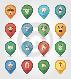 Farm animals mapping pins icons