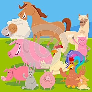 Farm animals on meadow cartoon illustration