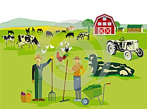 Farm animals on pasture with farmhouse , illustration