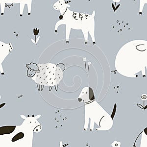 Farm animals pattern, print in Scandinavian doodle style. Black and white seamless background, countryside livestock photo