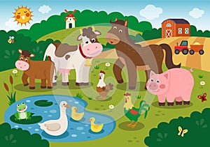 Farm animals. Pond duck. Flying butterfly and honeybee. Domestic cow or lamb. Chicken in meadow. Frog and pig. Field