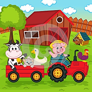 Farm animals ride on the tractor in the yard