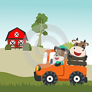 Farm animals ride on the truck in the yard, Can be used for t-shirt print, kids wear fashion design, invitation card. fabric,