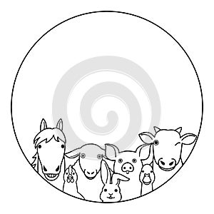 Farm animals in round frame line art design