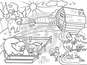 Farm animals and rural landscape coloring raster for adults