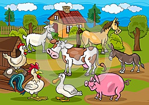 Farm animals rural scene cartoon illustration