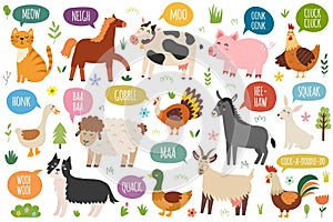 Farm animals saying sounds like moo, oink, baa, cluck and others. How do they say poster photo