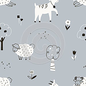 Farm animals, seamless countryside pattern in Scandinavian style. Domestic livestock in country, village. Rural photo