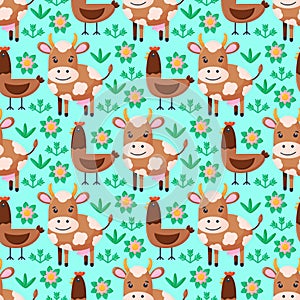 Farm animals seamless pattern. Collection of cartoon cute baby animals. Cow, chicken. Flat illustration isolated.