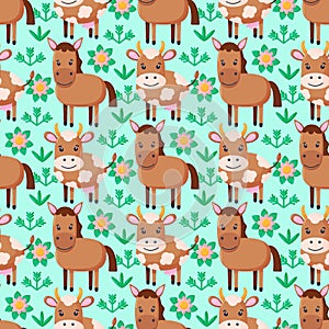 Farm animals seamless pattern. Collection of cartoon cute baby animals. Cow, horse. Flat vector illustration isolated.