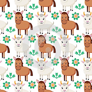 Farm animals seamless pattern. Collection of cartoon cute baby animals. goat, horse. Flat vector illustration isolated.