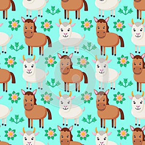 Farm animals seamless pattern. Collection of cartoon cute baby animals. goat, horse. Flat vector illustration isolated.