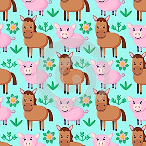Farm animals seamless pattern. Collection of cartoon cute baby animals. pig, horse. Flat vector illustration isolated.