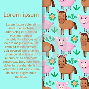 Farm animals seamless pattern. Collection of cartoon cute baby animals. sheep, horse. Flat vector illustration isolated