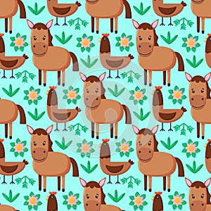 Farm animals seamless pattern. Collection of cartoon cute baby animals. horse, chicken. Flat illustration isolated. photo