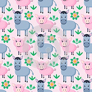 Farm animals seamless pattern. Collection of cartoon cute baby animals. pig, donkey. Flat vector illustration isolated.