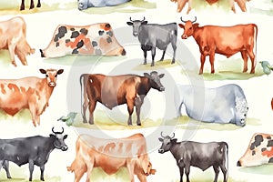 Farm animals seamless pattern, cows, cattle, countryside hand drawn watercolor illustration, summer design, textile, wallpaper, fa