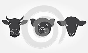 Farm animals set. Cow, pig and sheep head or face icons. Black isolated silhouettes. Vector illustration.