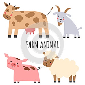 Farm animals set in flat style. Cute cartoon animals: sheep, goat, cow, pig.