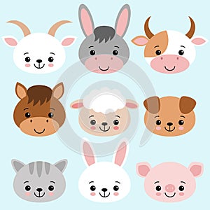 Farm animals set in flat style isolated on blue background. Vector illustration. Cute cartoon animals collection sheep, goat, cow