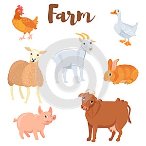 Farm animals set in flat style isolated on white background. Cute animals collection. Vector illustration.