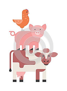 Farm animals set, hen pig and cow domestic cartoon, nature, collection vector illustration