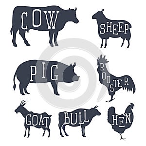 Farm animals, set icons. Collection of silhouettes such as cow, bull, sheep, pig, rooster, chicken, hen, goat. Vector