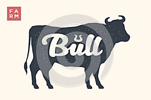 Farm animals set. Isolated bull silhouette and word Bull