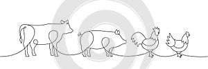Farm animals set one line continuous drawing. Pig, Cow, Chicken, Rooster silhouettes. Farm animals continuous one line