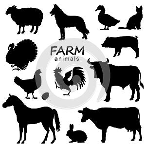 Farm animals set vector black silhouette isolated on white for design