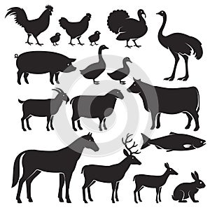 Farm animals silhouette icons.