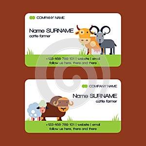 Farm animals vector business-card set domestic farming characters cow sheep goat cattle farmer animals illustration