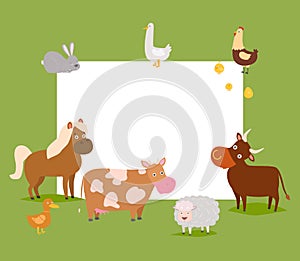 Farm animals vector frame illustration. Cow, hourse, chicken and duck with rabbit and sheep. Card template for birthdays