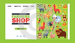 Farm animals vector landing we page domestic farming characters cow and sheep pig turkey dog horse farmer animals