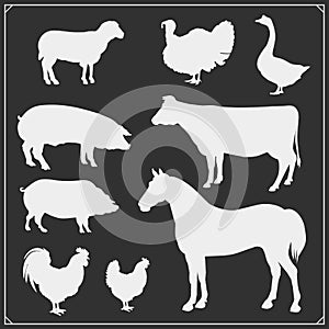 Farm animals vector silhouette set. Vector.