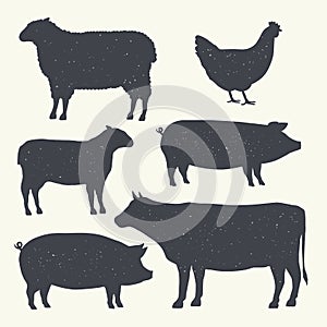 Farm Animals Vintage Set. Silhouettes of Cow, Pig, Sheep, Lamb, Hen. Farm Animals icons isolated on white background. Vector. Desi