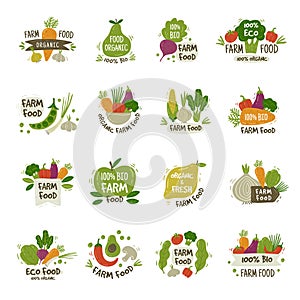 Farm badges. Healthy products symbols with place for text fruits and vegetables fresh food recent vector templates set