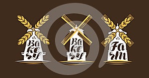 Farm, bakery logo or label. Windmill, mill icon. Lettering, calligraphy vector illustration
