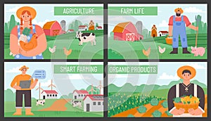 Farm banners. Posters with countryside agriculture landscape and farmers. Smart and eco farming technology. Organic farm