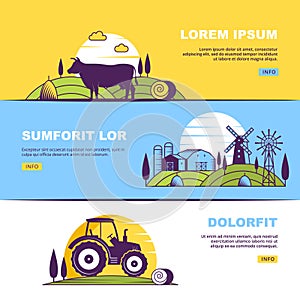 Farm banners. stylized illustrations of eco farm with field domestic animals and vehicles