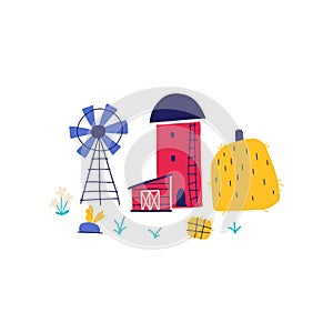 Farm, barn, granary with a windmill and a barn. Composition in hand-drawn cartoon Scandinavian doodle style. The