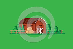 Farm barn with haystacks on green background vector illustration