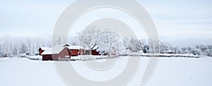 Farm barn and house surrounded by frosty trees