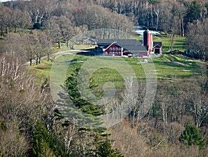 Farm, Barn, Silo surrounded by forest