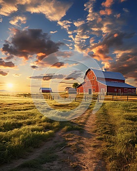 Farm barn wheat field green grass sunset cows in the distance Generative AI