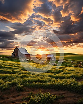 Farm barn wheat field green grass sunset cows in the distance Generative AI