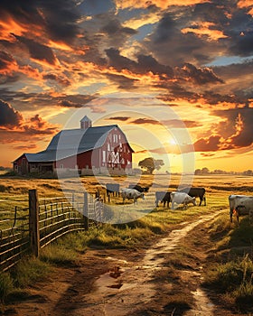 Farm barn wheat field green grass sunset cows in the distance Generative AI