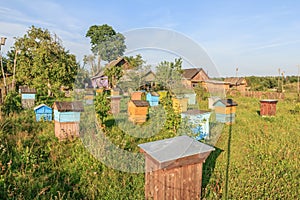 Farm bee-garden with multicolor beehouses