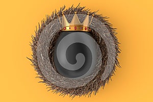 Farm black egg with gold royal king crown in bird nest on yellow background