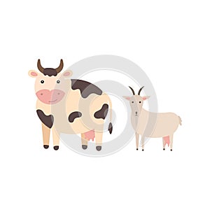 Farm black spotted cow and goat, cartoon vector illustration isolated on white background. Cute cartoon domestic cow and